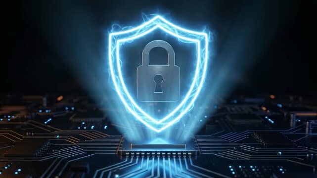 Cybersecurity Shield: A vibrant shield and padlock symbol illuminates, representing secure data protection and safeguarding sensitive information in the digital realm.