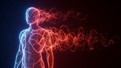 Human body transformation and digital deconstruction. Metauniverse avatar and data disintegration. Glowing silhouette of a person dissolving into red and blue particles in dark space