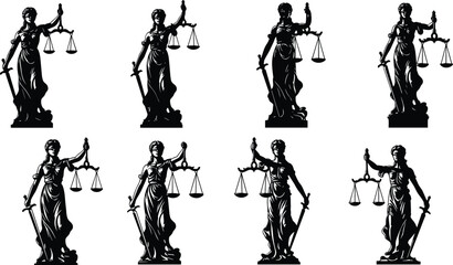 Lady Justice statue silhouette collection, legal balance scale and sword symbols, law and justice illustration, black courtroom design elements
