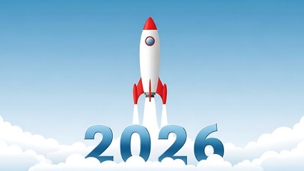 Stylized illustration depicts a classic cartoon rocket launching upwards from large blue three dimensional numerals representing the year 2026 symbolizing forward progress and future ambitions taking 