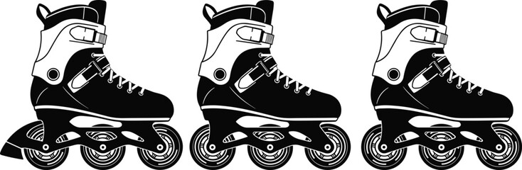 Inline roller skate silhouette collection, extreme sports footwear illustration, urban skating equipment design, black and white vector icons set