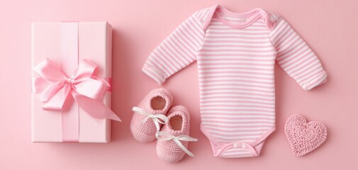 The pink striped baby onesie with booties gift box and knitted heart