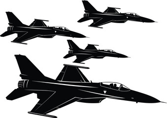 Military fighter jet silhouette formation, modern combat aircraft flying squadron, tactical air force power, black aviation illustration design