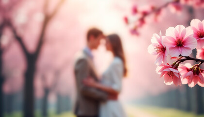 young couple kissing in the park with cherry blossom