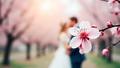 cherry blossom in spring wedding couple blur