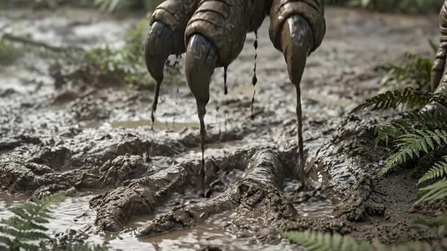 Close up of a Tyrannosaurus Rex foot with sharp claws stepping into wet prehistoric mud.