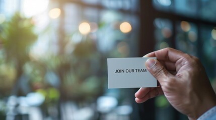 A hand holds a business card with the text 'JOIN OUR TEAM' in a modern office setting. Soft lighting and greenery are visible in the background.