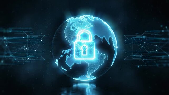 Cybersecurity Shield: A luminous digital globe encircled by a network, with a glowing padlock overlay, symbolizing data protection in the digital age. 