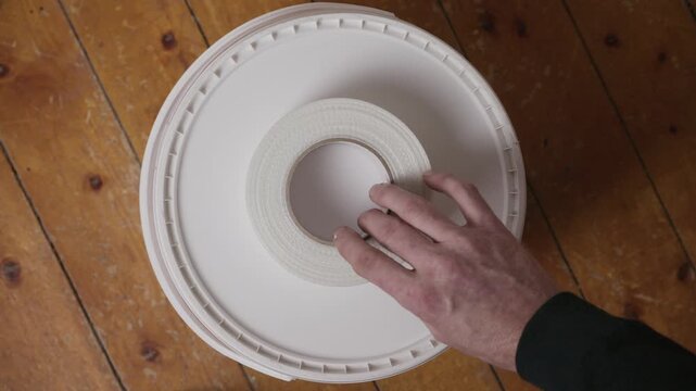 Close-up of hand slightly rotating fiberglass joint tape roll
