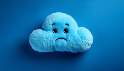 Top view of blue sad plush toy in shape of a cloud on blue background with many others clouds. Blue  monday concept