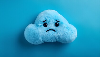Top view of blue sad plush toy in shape of a cloud on blue background with many others clouds. Blue  monday concept