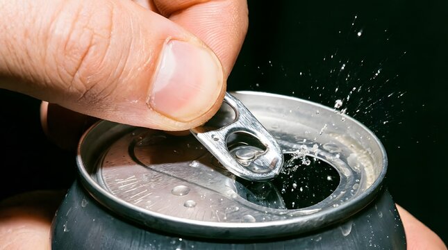 Close Up of Male Finger Pulling Ring Tab to Open Cold Aluminum Soda Can with Splash