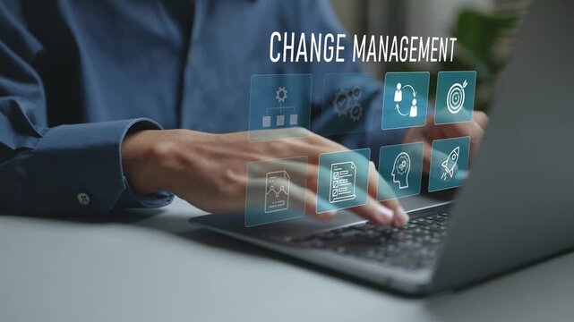 Change management concept with business transformation, planning and leadership strategy. Managing organizational change, process improvement and employee adaptation for sustainable growth.