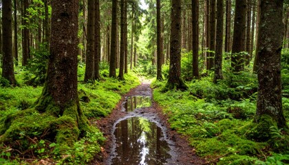 Obraz premium Tranquil Forest Path After Rain With Lush Green Moss And Reflecting Puddles Natural Woodland Scenery