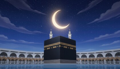 A luminous mosque stands as a landmark of old architecture, reflecting its tower and city light across the water like a lighthouse against the night sky