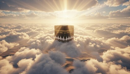 A bright sun shines over a high blue sky as a white cloudscape creates an abstract nature landscape for a balloon flying above the clouds in the light of day