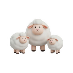 A charming 3d illustration of a family of three cute and fluffy white sheep isolated on transparent background