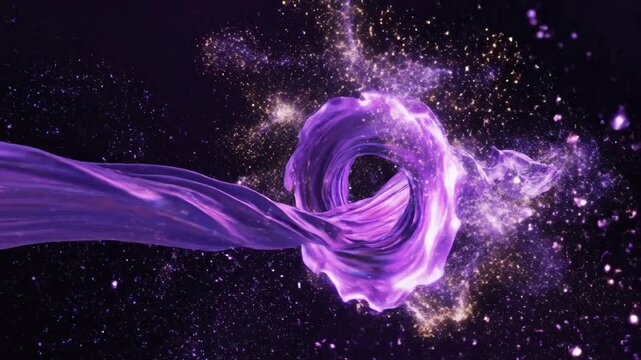 A flowing, iridescent purple fabric with golden sparks against a dark, almost cosmic background