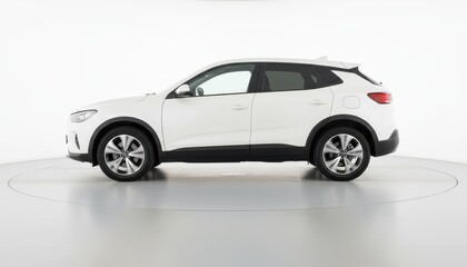 A white sports car driving on a road, isolated on a clean white background