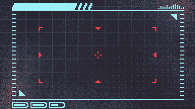 ドット絵　照準のあるおしゃれでかわいい配信画面　サイバーな背景装飾イラスト　フレーム　16:9	ピクセル