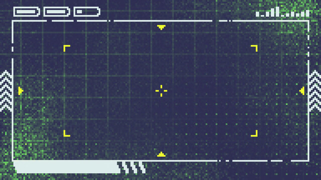 ドット絵　照準のあるおしゃれでかわいい配信画面　サイバーな背景装飾イラスト　フレーム　 16:9	ピクセル