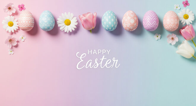 Happy Easter Pastel Background with Eggs and Spring Flowers, Easter Holiday Decorative Background with Colorful Eggs and Blossoms, Spring Easter Celebration Pastel Scene with Eggs and Soft Floral Elem