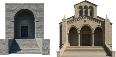 Ancient stone church facade with arched doorways grand staircases and ornate architectural details in daylight architecture building religious historical exterior structure transparent background