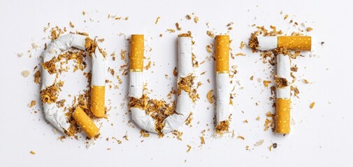 The Cigarettes Spelling QUIT from Broken Cigarettes and Scattered Tobacco on White Background