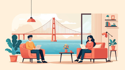 Naklejka premium Two people work on laptops in a living room with a bridge view