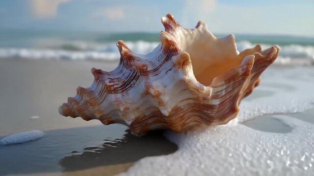 A snail on the beach with gentle waves and foam in the background, highlighting a serene coastal scene.