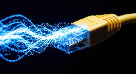 A macro shot of yellow fiber optic cables and computer network cables features high-speed digital technology connectors for an ethernet data connection in a business lan equipment setup