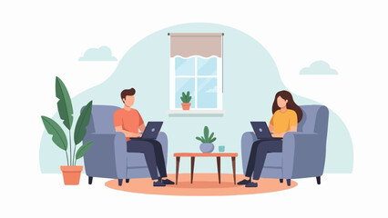 Two people work on laptops while relaxing in armchairs at home