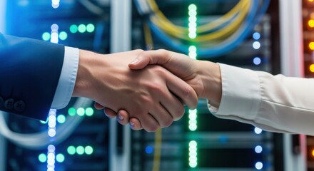 A professional handshake between business people in an office symbolizes a successful meeting, agreement, and partnership driven by technology and effective communication