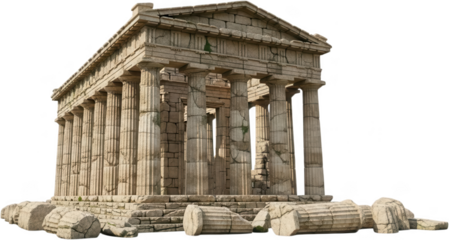 Ancient Greek stone temple ruins with weathered Doric columns broken pediment fragments and mossy stonework suggesting historical decay and classical architecture monument transparent background