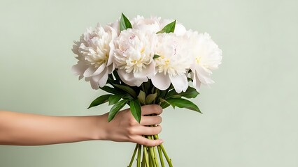 hand holding a bouquet of white peonies