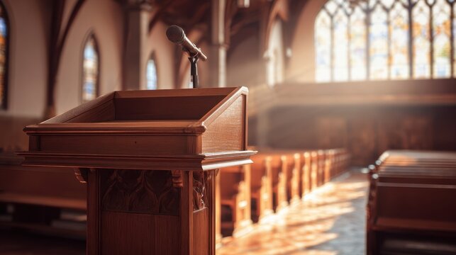 The lectern in a sunlit historic church sanctuary with microphone and empty pews