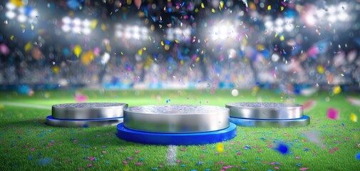 The Podium Platforms Await Champions Amid Confetti And Bright Stadium Spotlights Tonight