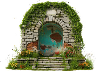 An arched stone entrance covered in lush green ivy featuring a distressed teal door and vibrant wildflowers blooming along weathered steps arched entrance stone structure transparent background