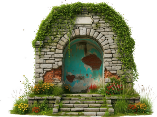 An arched stone entrance covered in lush green ivy featuring a distressed teal door and vibrant wildflowers blooming along weathered steps arched entrance stone structure transparent background