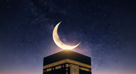 A blue vector illustration of a crescent moon and stars in a dark night sky featuring abstract clouds and fantasy moonlight over a black space landscape