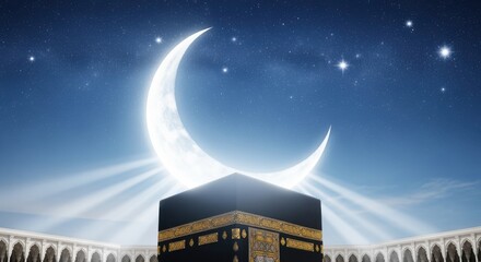 An abstract vector illustration of the blue night sky filled with stars and a glowing moon over a dark urban city skyline featuring silhouettes of buildings and architectural landscapes