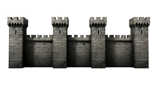 Medieval castle wall with four towers isolated on transparent background