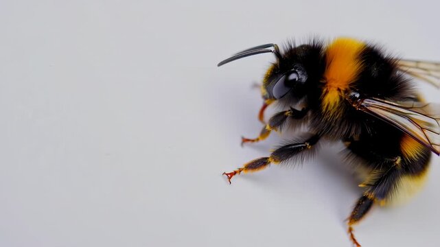 A close-up view of a bumblebee in flight over a plain surface, captured in a macro photography style
