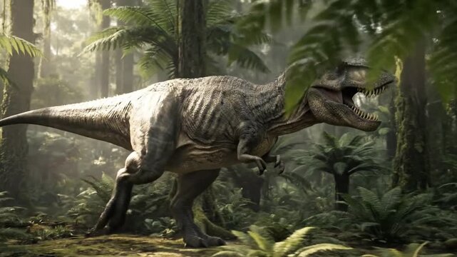 Side profile of a Tyrannosaurus Rex walking through a dense prehistoric fern forest.