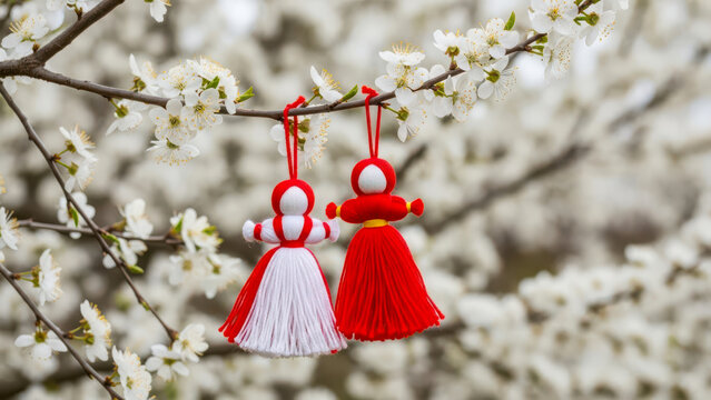 Traditional martenitsa dolls celebrating the arrival of spring on a blooming tree branch