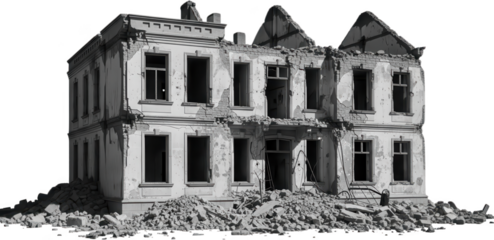 Weathered dilapidated two story building facade with crumbling plaster broken windows and rubble piled at its base crumbling building ruined house dilapidated architecture transparent background