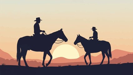 Two silhouetted cowboys on horseback ride across a desert landscape at sunset