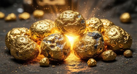 Shiny golden Christmas balls hang as festive ornaments on a winter tree to celebrate a merry holiday season and the new year