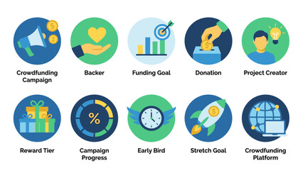 Crowdfunding icons. Business startup campaign money investment backer funding goal donation project creator. Financial support charity fundraising. Venture capital launch concept.