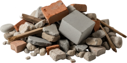 A pile of assorted rubble including broken bricks rough stones and wooden debris suggesting construction or demolition materials detailed and textured rocks concrete weathered transparent background